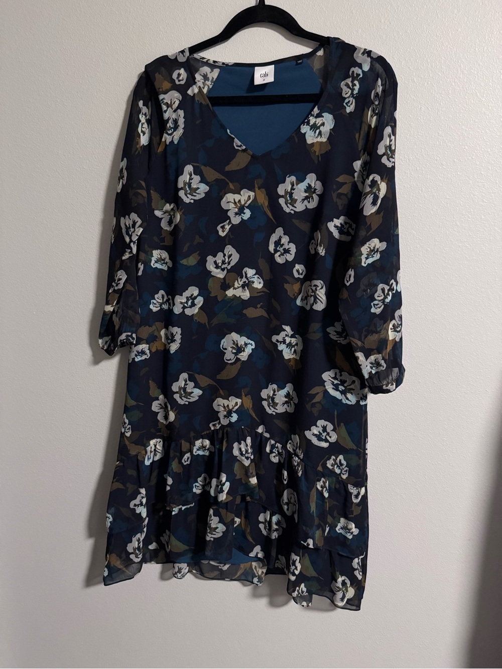 CAbi Navy Floral V-Neck Ruffle Hem Dress